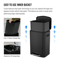 13 Gallon 50L Kitchen Foot Pedal Soft Close Trash Can Stainless Steel Rectangular Bin with 30 Garbage Bags Black