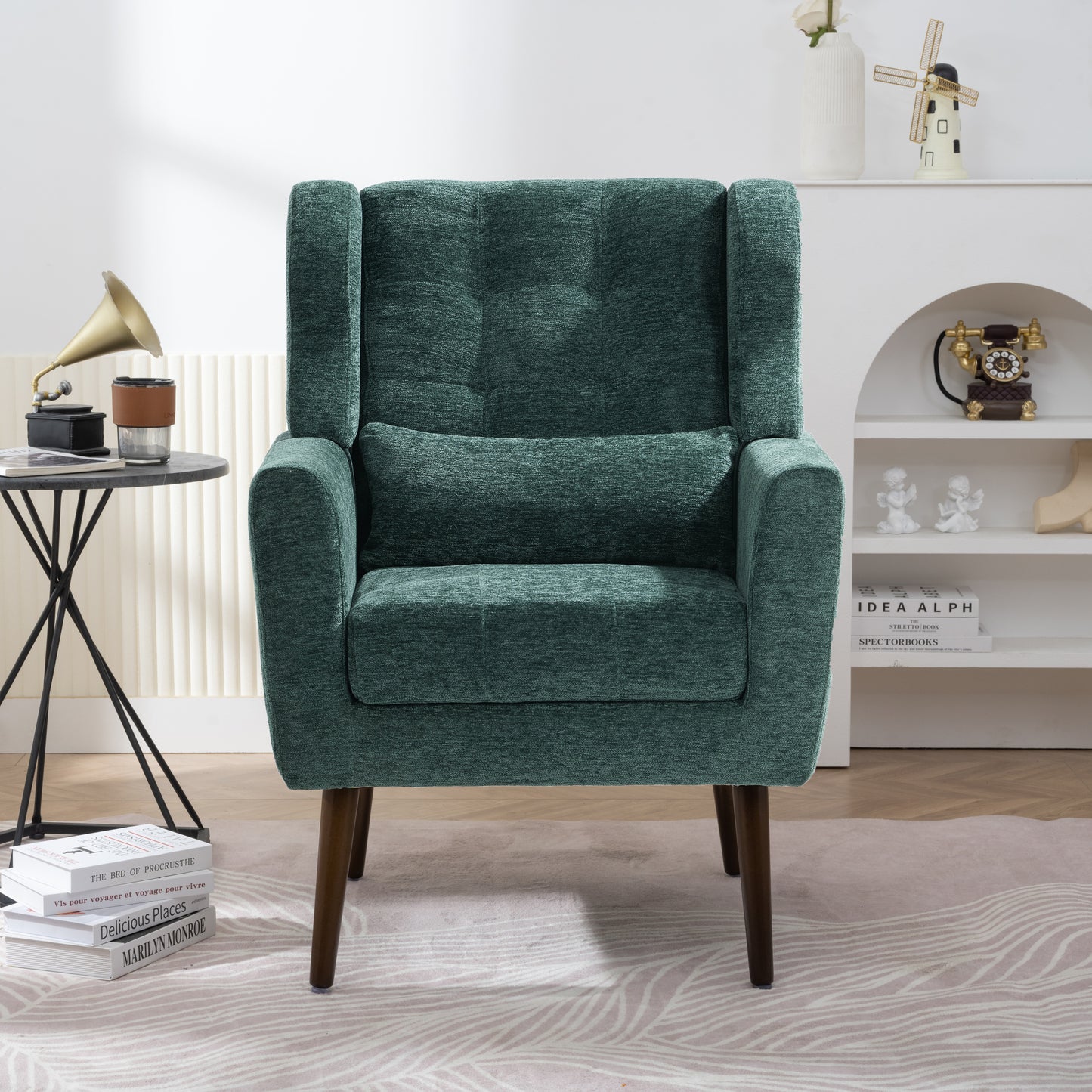 Chenille Modern Accent Chair with Pillow Soft Upholstered Armchair for Living Room Bedroom Solid Wood Legs Blackish Green