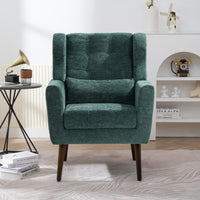 Chenille Modern Accent Chair with Pillow Soft Upholstered Armchair for Living Room Bedroom Solid Wood Legs Blackish Green