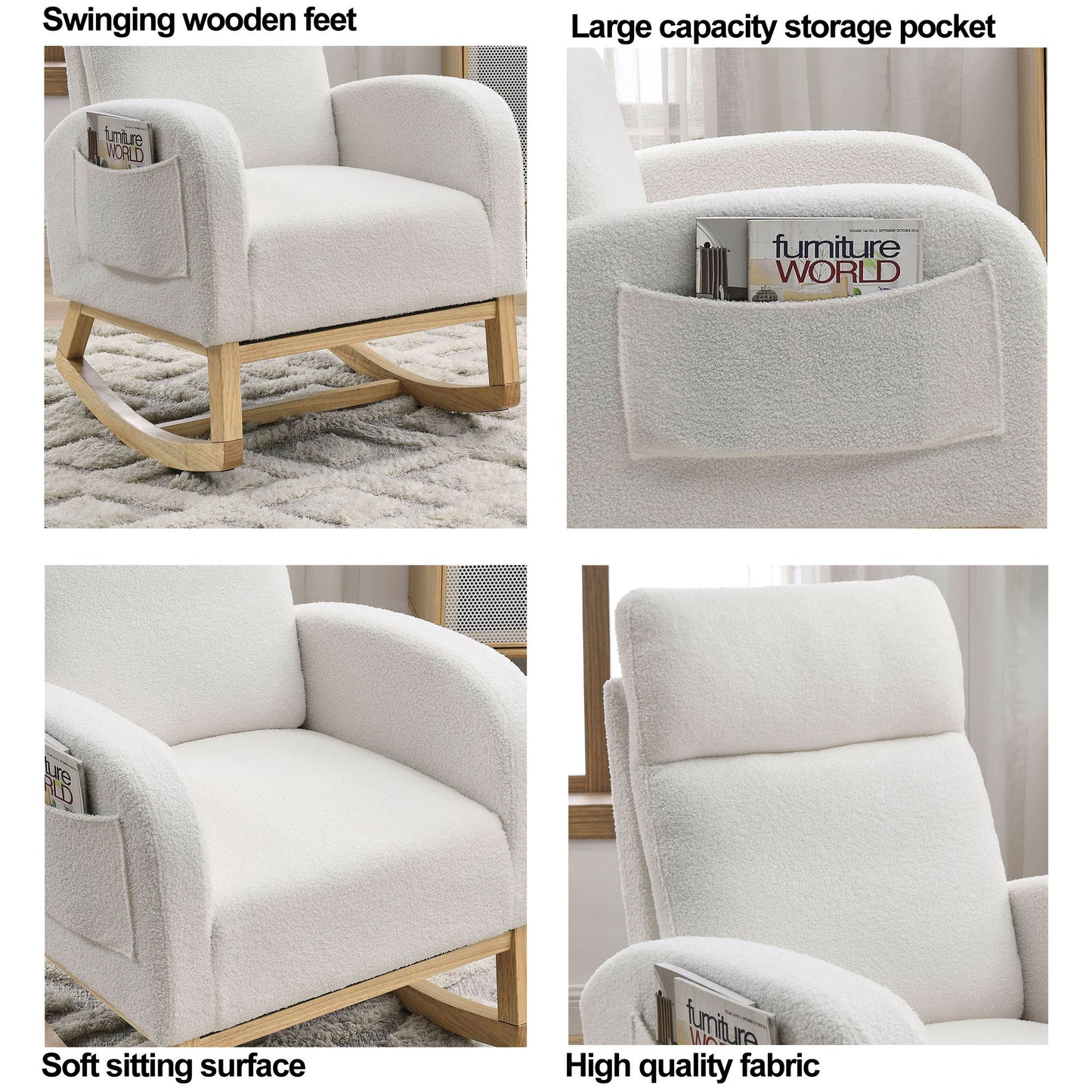 Modern Accent High Backrest Lounge Arm Rocking Chair with Two Side Pockets Teddy White Ivory