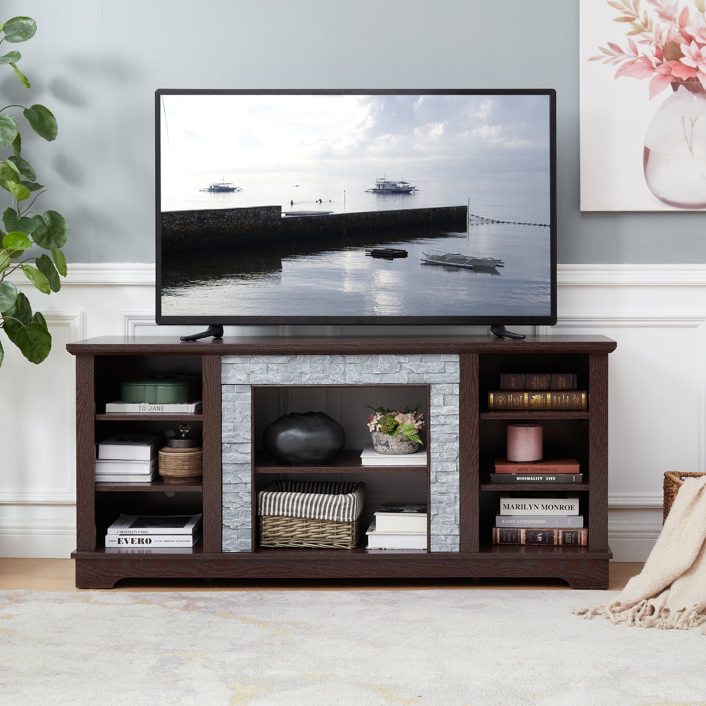 TV Media Stand with with Faux Stacked Stone Surround, Modern Entertainment Console with Open Storage Space, Cherry, 58.31"W*15.39"D*26.06"H