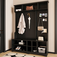 Hall Tree with Shoe Bench, Coat Rack ,Shoe Storage ,Storage Shelves and Pegboard, for Hallways, Halls and Bedrooms, Black