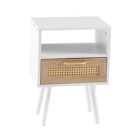 15.75 Inch Rattan End Table with Drawer Solid Wood Legs Modern Nightstand Side Table for Living Room Bedroom White