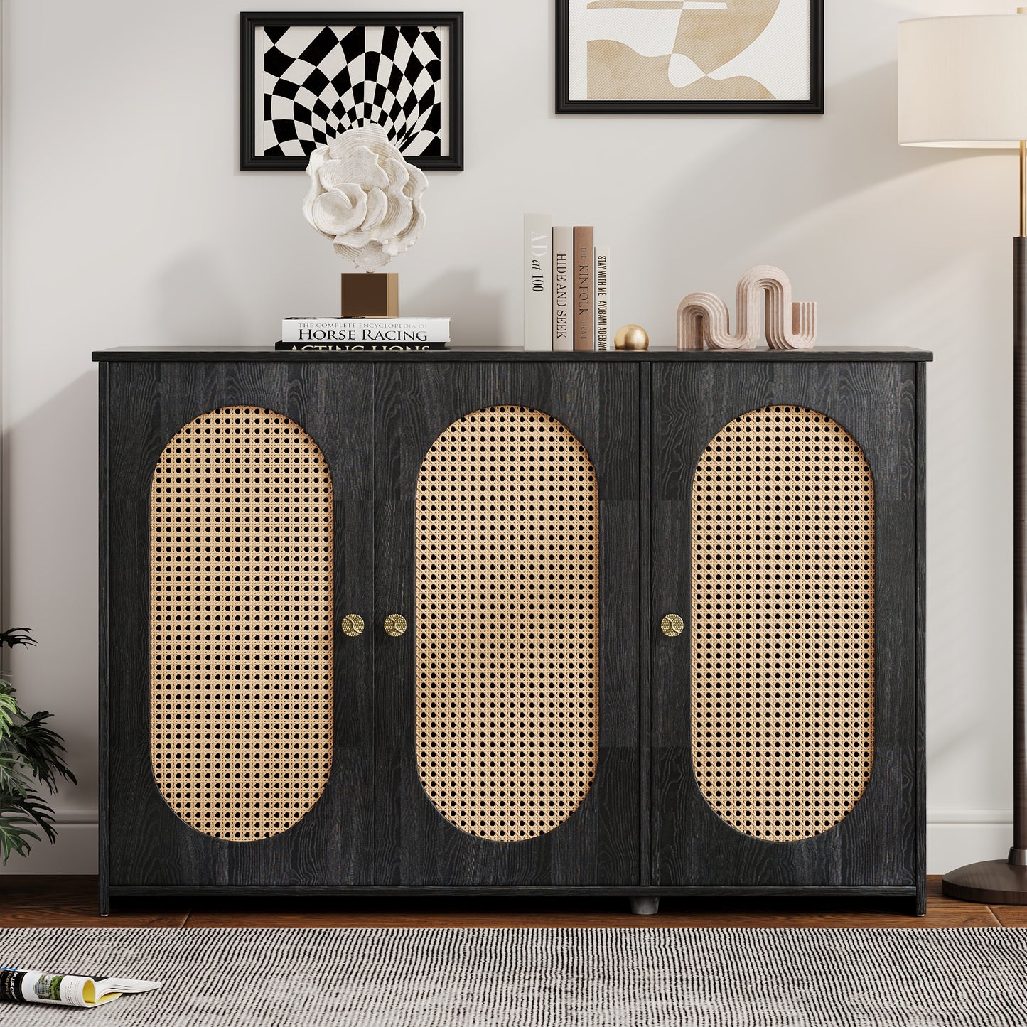 Retro 3-Door Accent Cabinet with Rattan Doors and Metal Handles for Living Room and Hallway Antique Black