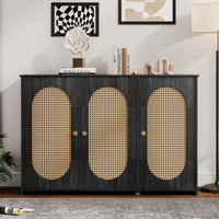 Retro 3-Door Accent Cabinet with Rattan Doors and Metal Handles for Living Room and Hallway Antique Black