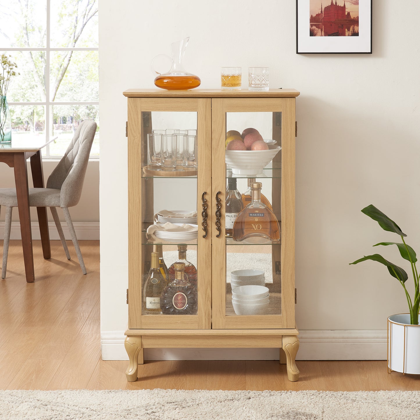 Elegant Oak Curio Cabinet with Glass Doors Adjustable Shelves Mirrored Back Lighted Display for Home Office