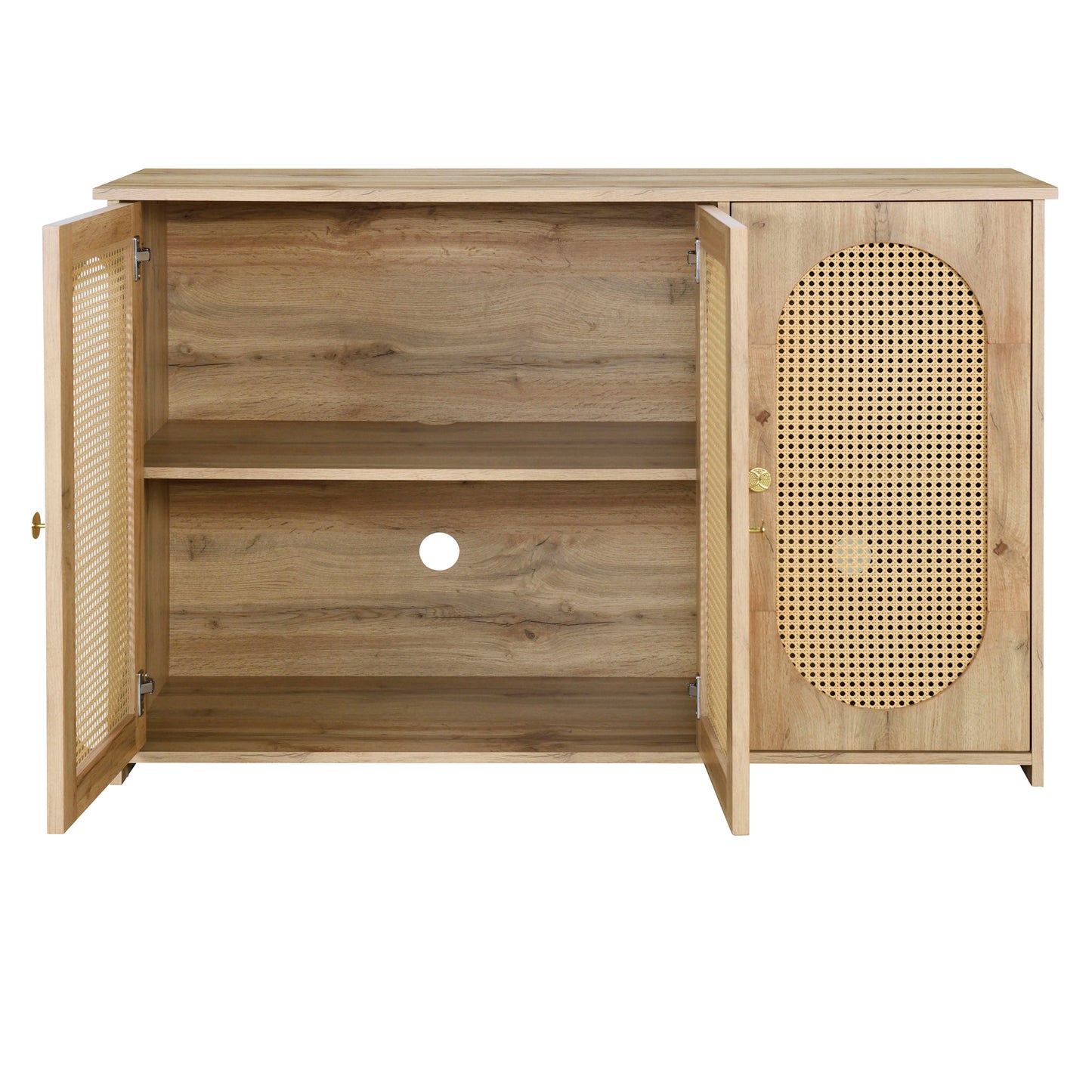 Retro 3-Door Accent Cabinet with Rattan Doors and Metal Handles Stylish Storage Solution for Living Room and Hallway Natural Wood Finish