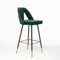 Modern Velvet Upholstered Bar Stool Set of 2 with Nailheads and Gold Tipped Black Metal Legs Green