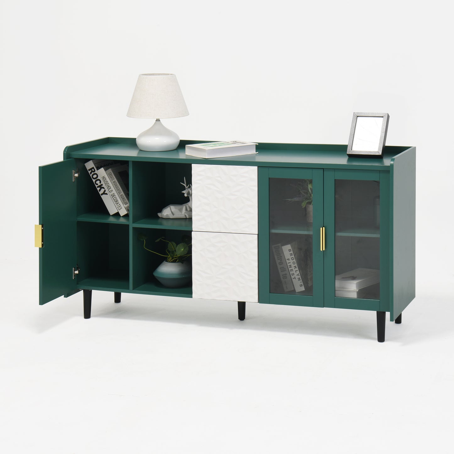 Modern 55 Coffee Bar Storage Cabinet with 2 Drawers and Glass Doors for Kitchen and Living Room Green