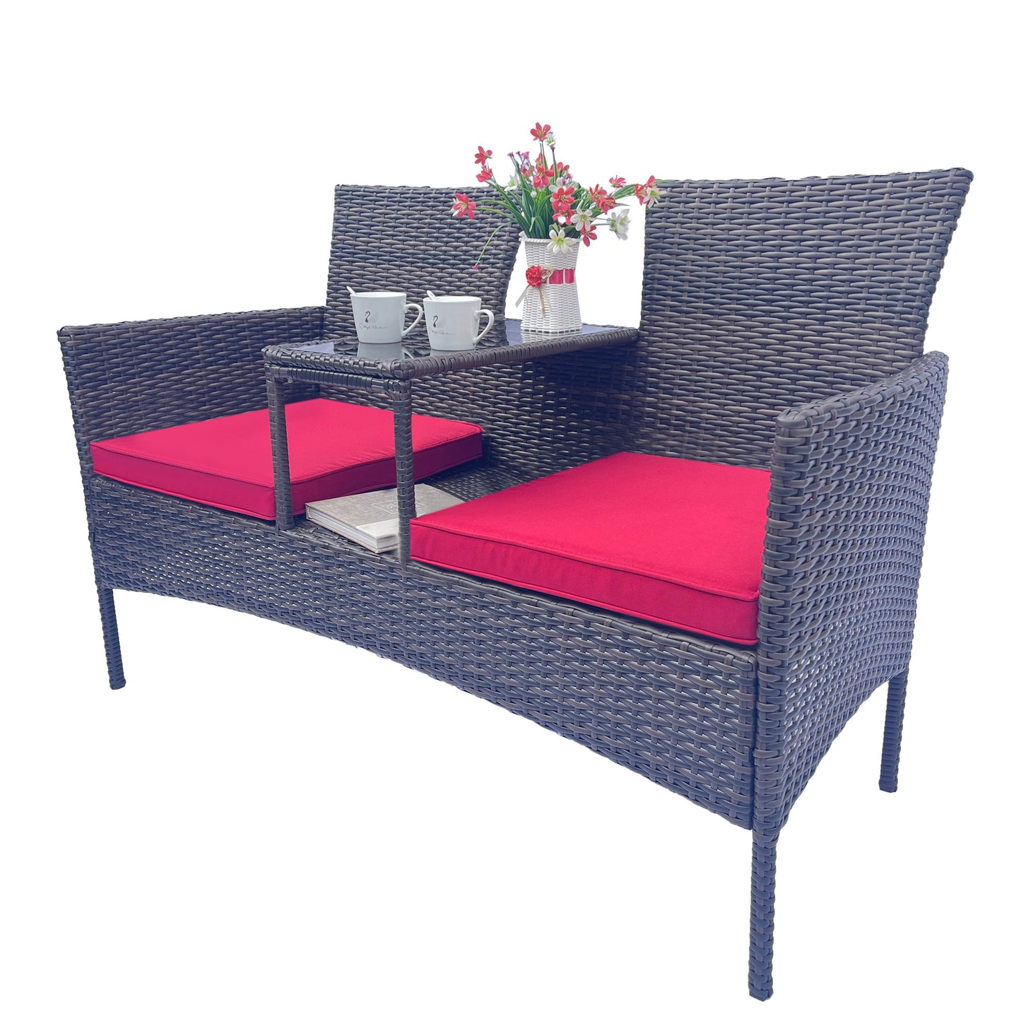 Modern Wicker Patio Conversation Set with Removable Cushions and Tempered Glass Table for Garden and Backyard