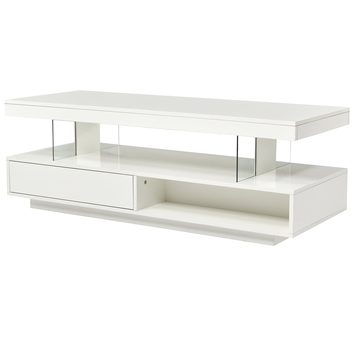 Modern LED Coffee Table with Storage and 2 Drawers, Accent Center Table with Display Shelves for Living Room, White