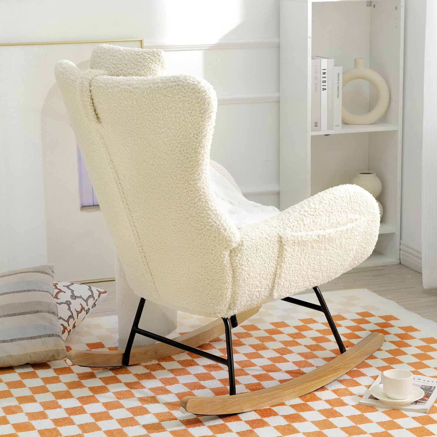 Beige Teddy Upholstered Rocker Glider Chair with Adjustable Headrest for Nursery Bedroom Living Room Office