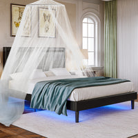 Queen PU Leather Upholstered Bed Frame with LED Lights Wing-Back Headboard Strong Wooden Slats No Box Spring Black