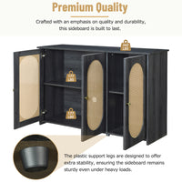 Retro 3-Door Accent Cabinet with Rattan Doors and Metal Handles for Living Room and Hallway Antique Black