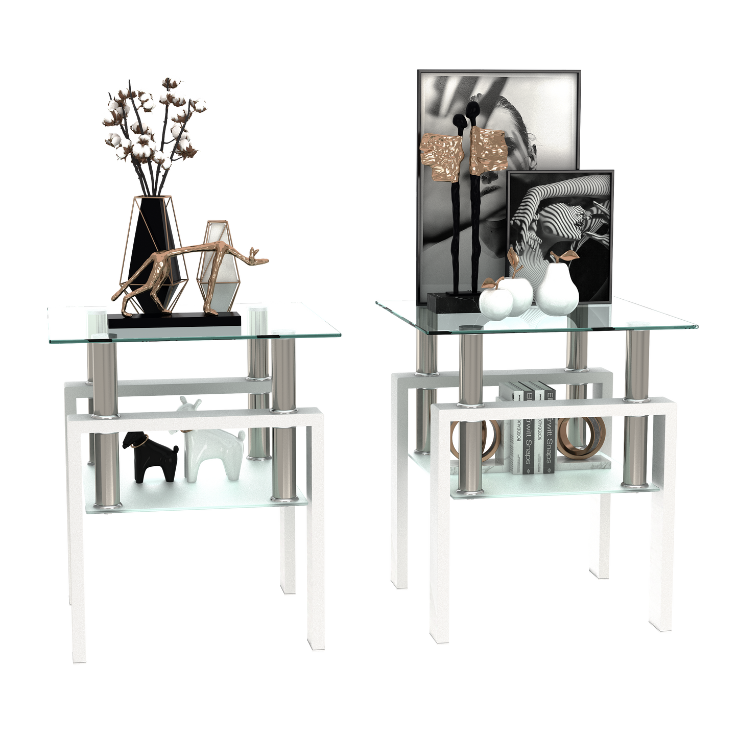 Set of 2, Modern Tempered Glass Tea Table Coffee Table End Table, Square Table for Living Room, Transparent/White