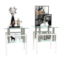 Set of 2, Modern Tempered Glass Tea Table Coffee Table End Table, Square Table for Living Room, Transparent/White