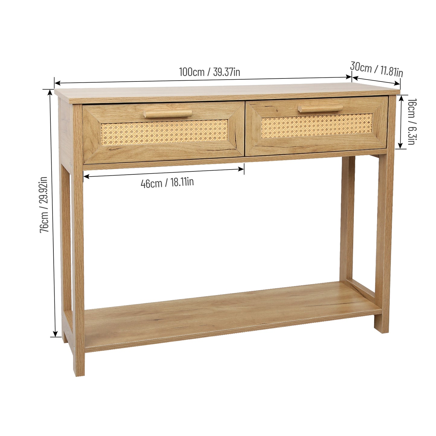 Console Table with 2 Drawers and Open Storage Shelf Narrow Accent Table Rattan Design for Living Room Entryway Hallway Natural Color