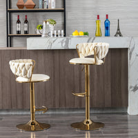 Set of 2 Velvet Bar Stools with Chrome Footrest and Base Swivel Adjustable Height Golden Legs Cream Color