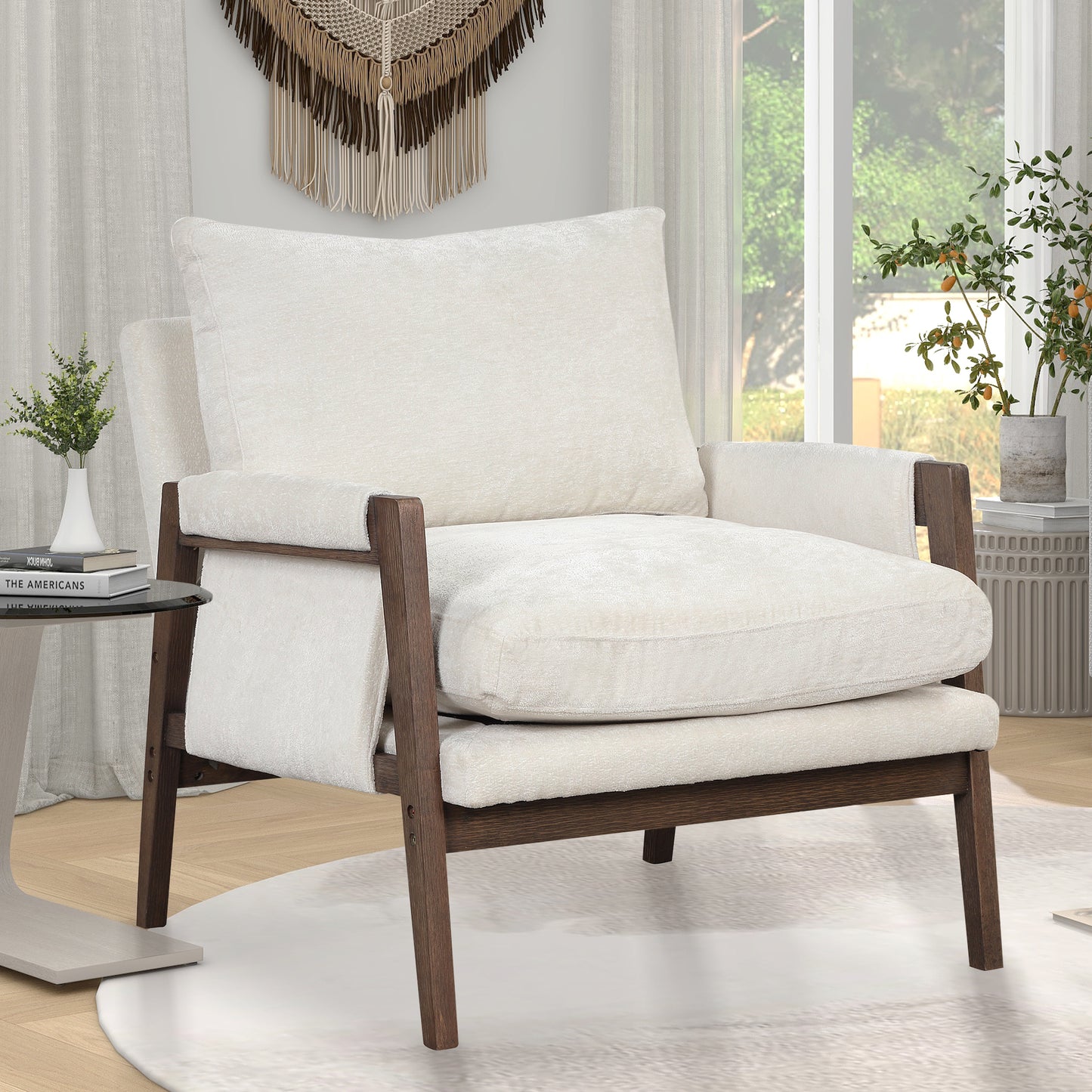 Mid-Century Modern Velvet Accent Chair Solid Wood Leisure Chair Thick Seat Cushion for Living Room Bedroom Studio White