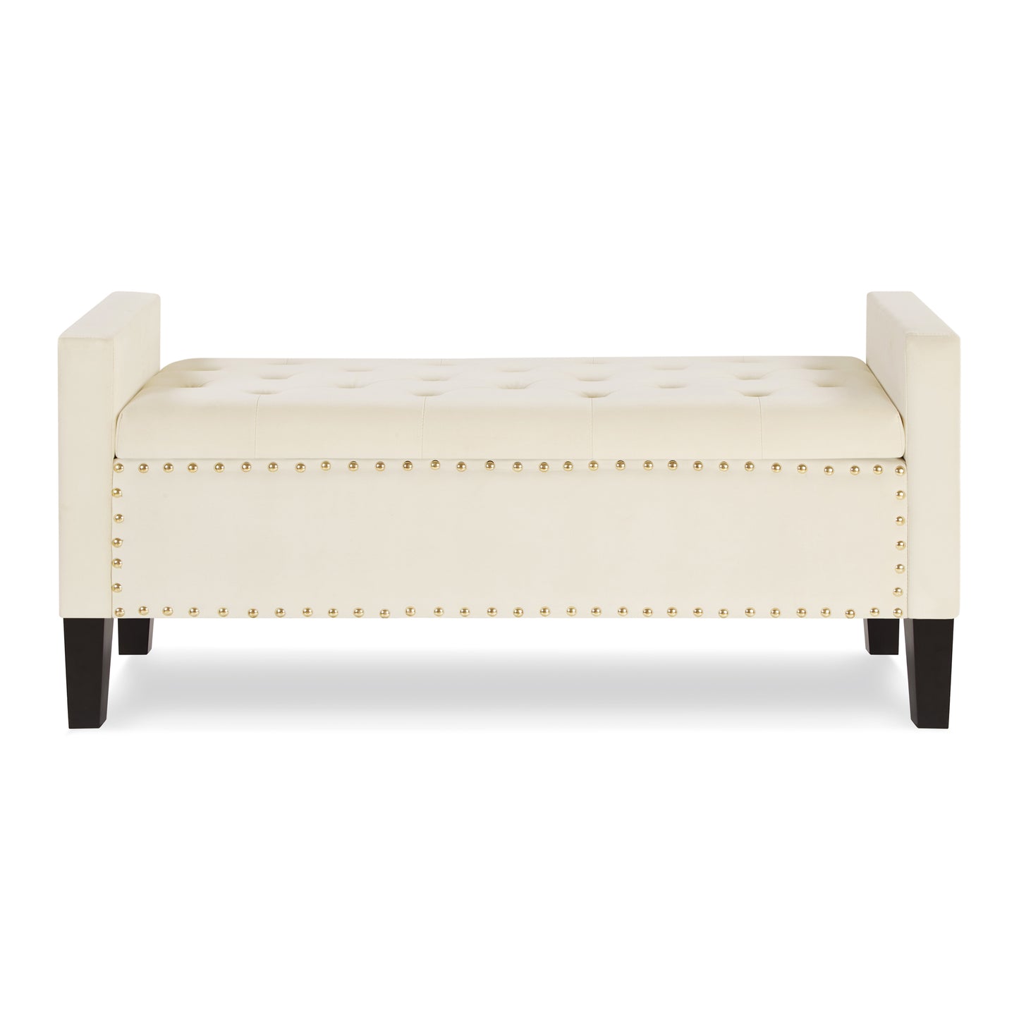 Upholstered Tufted Button Storage Bench with Nail Trim Soft Padded Seat Armrest Entryway Living Room Cream Bed Bench