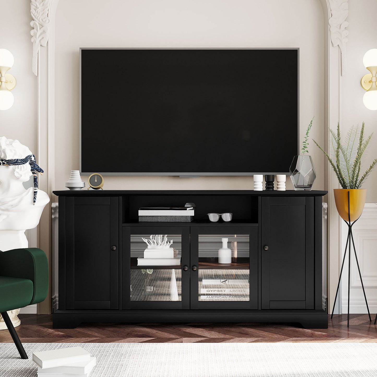 TV Stand for 65 Inch TV with Adjustable Panels and 2 Tempered Glass Doors Open Style Cabinet Sideboard for Living Room Black