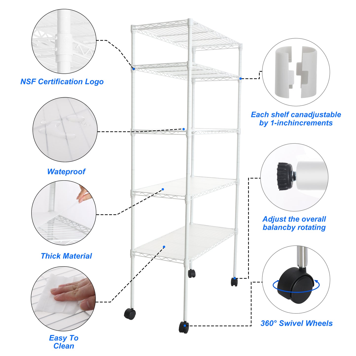 5 Tier Heavy Duty Wire Shelving Unit Adjustable Storage Shelves for Garage Kitchen Office Metal Utility Rack White