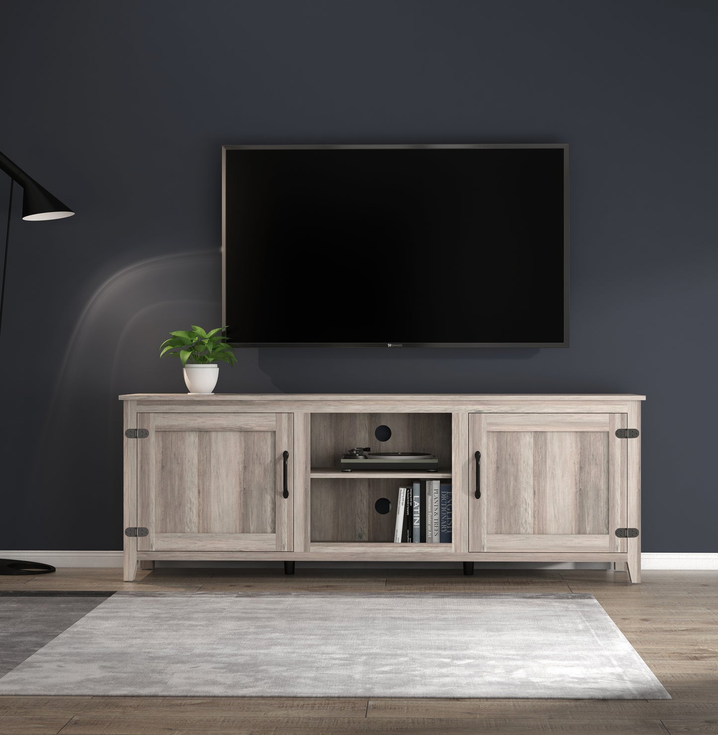 TV Stand Storage Media Console Entertainment Center with Two Doors in Grey Walnut Finish