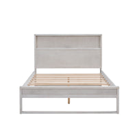 Full Size Platform Bed with Storage Headboard USB Ports and Sockets Antique White