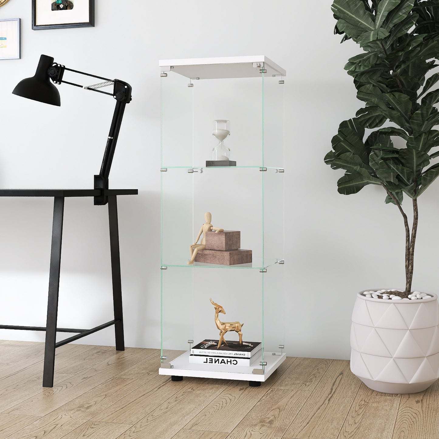 Glass Display Cabinet with 3 Shelves One-Door Curio Cabinet for Living Room Bedroom Office White Floor Standing Bookshelf Quick Installation