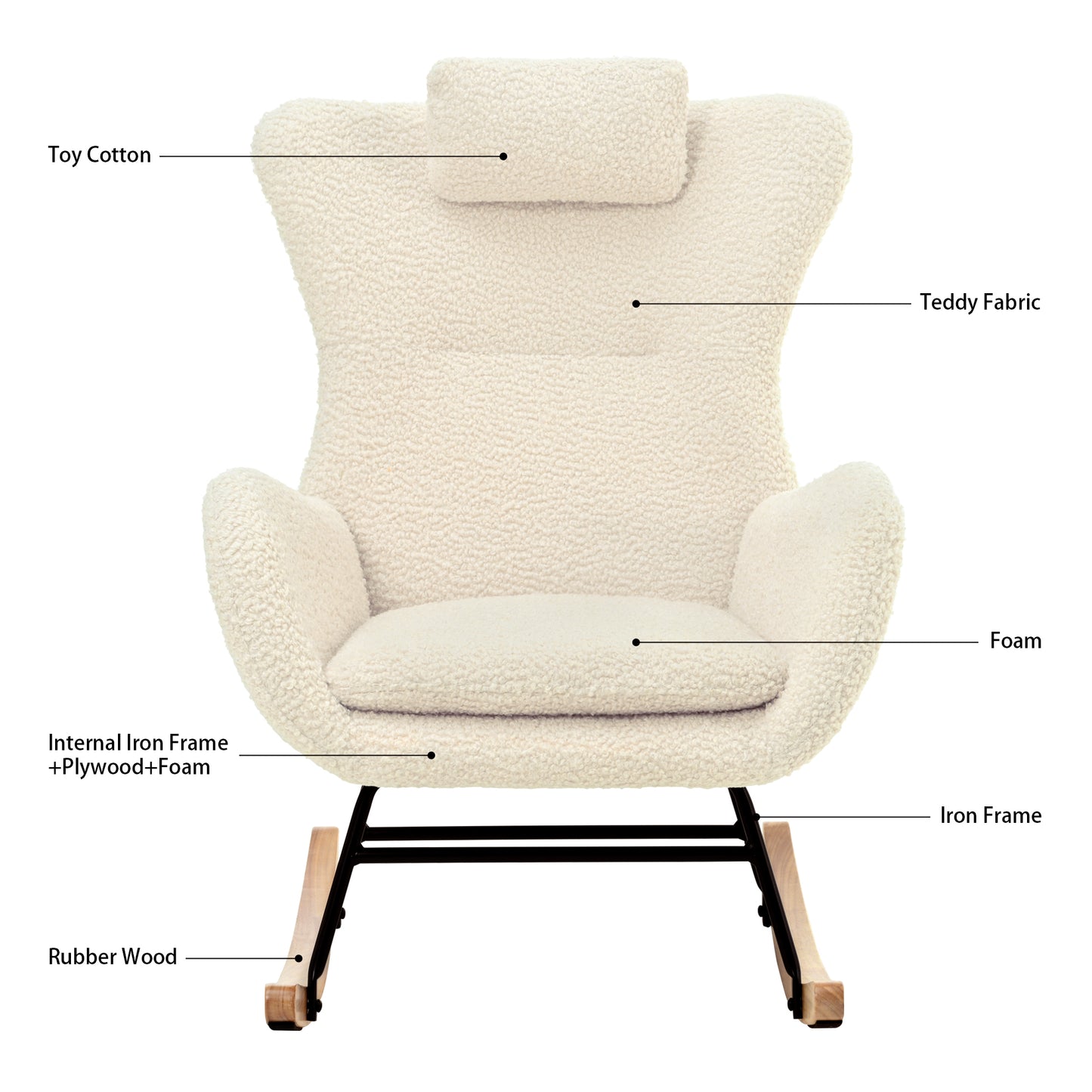 Beige Teddy Upholstered Rocker Glider Chair with Adjustable Headrest for Nursery Bedroom Living Room Office