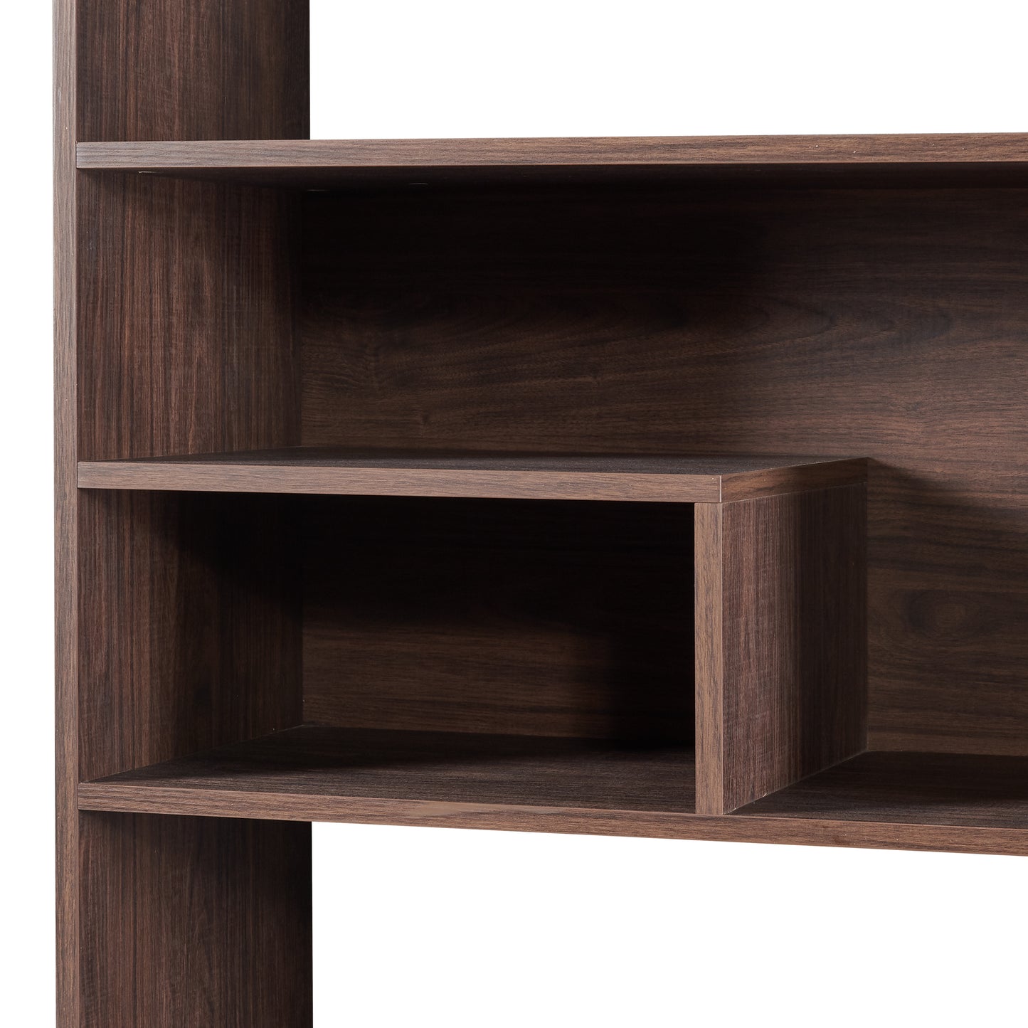 Tall Walnut Finish Open Bookshelf with LED Lights and Storage Drawer for Living Room and Office