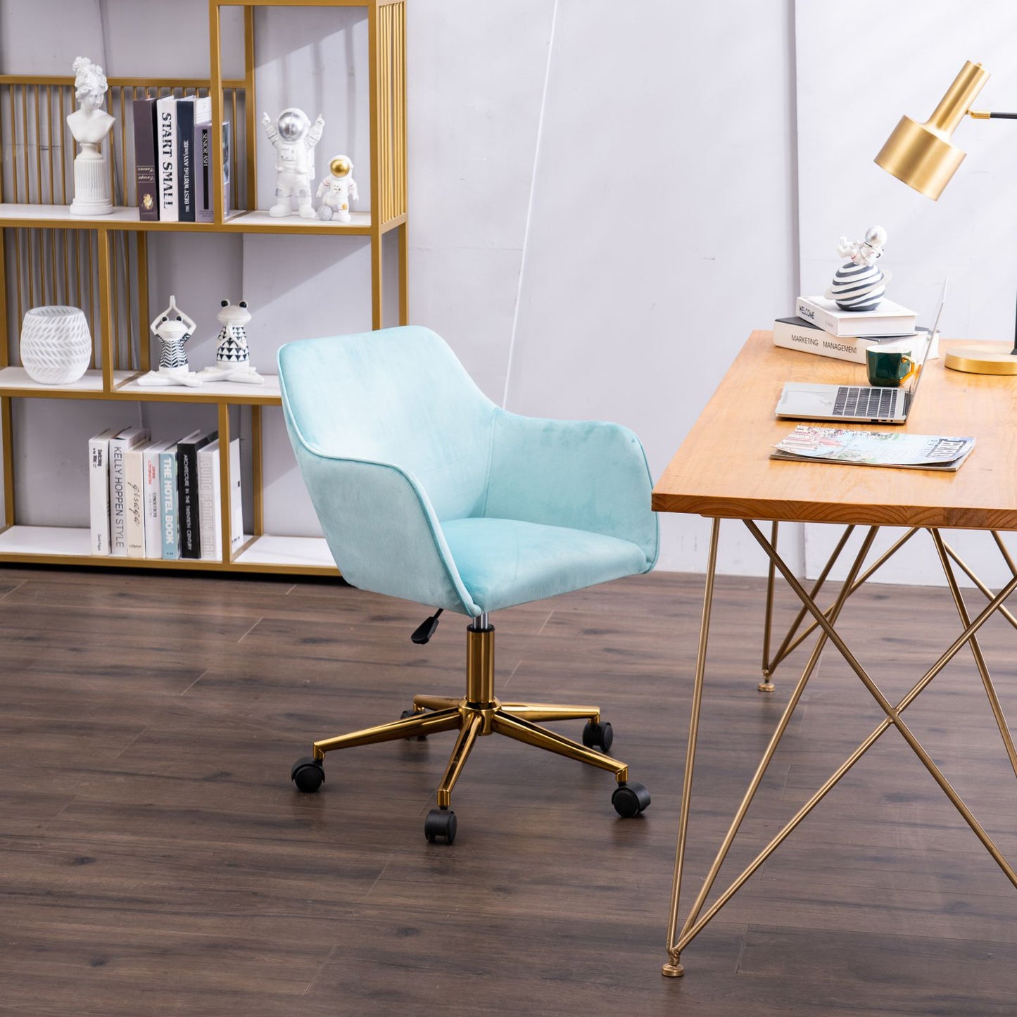 Modern Velvet Adjustable Height 360 Revolving Home Office Chair Aqua Light Blue Gold Metal Legs Universal Wheels