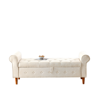 62 Inch Tufted Button Storage Bench Modern Fabric Ottoman Rolled Arm Design for Bedroom Living Room Foyer Beige