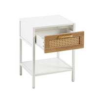 15.74 Inch Rattan End Table with Drawer Modern Nightstand Metal Legs Side Table for Living Room Bedroom White