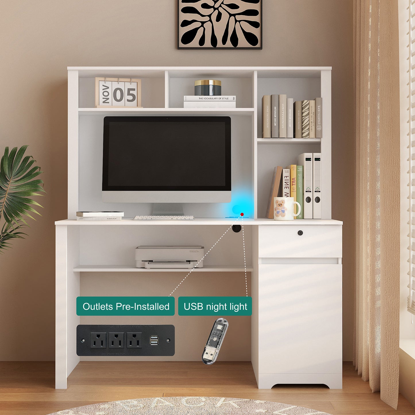 White Wood Executive Desk with Hutch Bookshelf 3 AC Outlets 2 USB Ports for Home Office Study