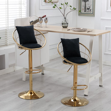 Black Velvet Bar Chair Set of 2 Gold Plated Unique Design 360 Degree Rotation Adjustable Height Ideal for Dining Room and Bar