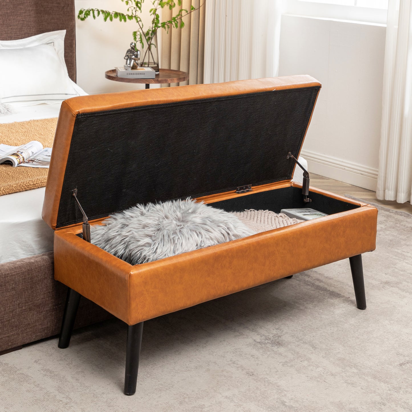 Brown Leather Storage Bench for Bedroom Entryway 43.3" Stylish Ottoman at Foot of Bed