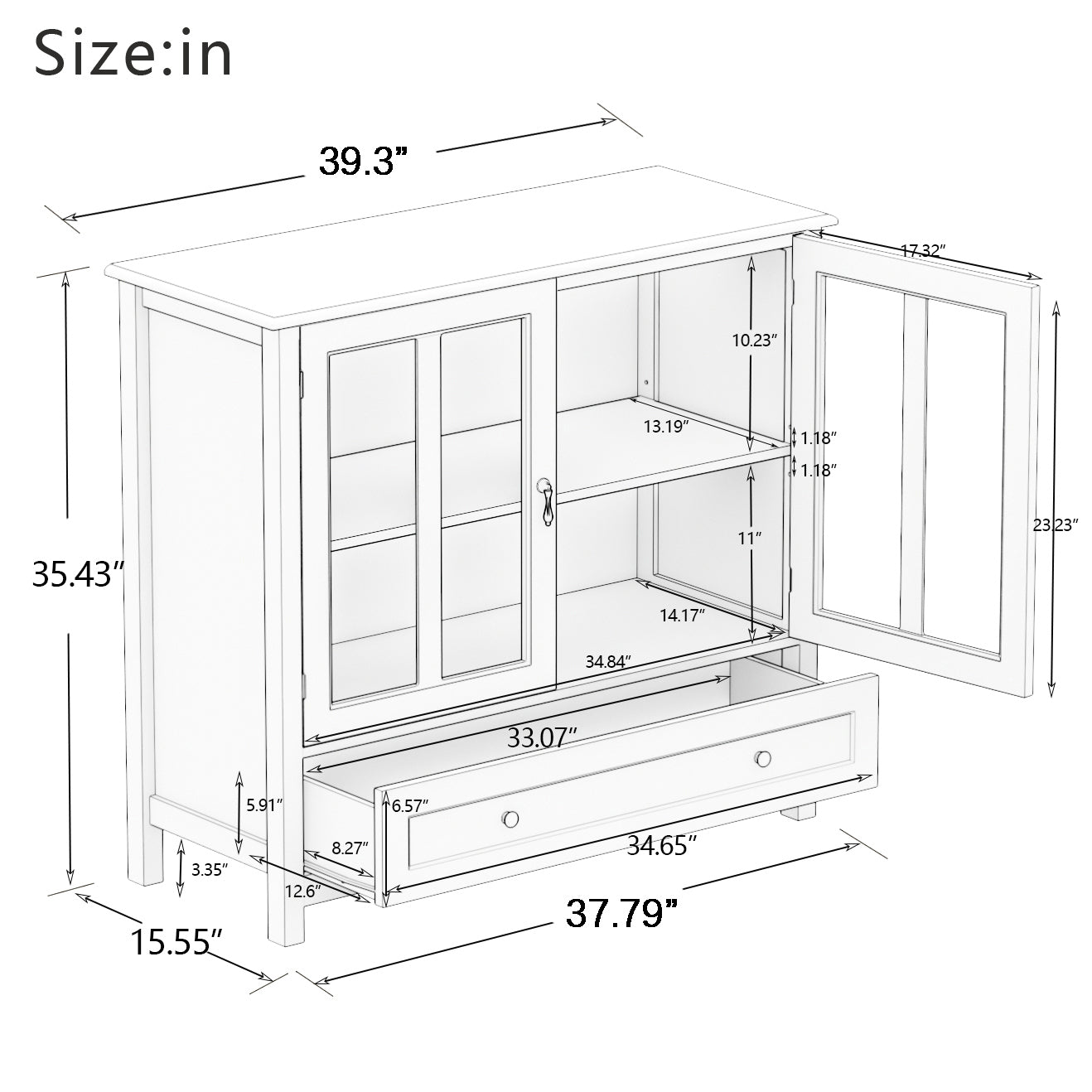 Buffet Storage Cabinet with Double Glass Doors Unique Bell Handle Stylish Home Furniture