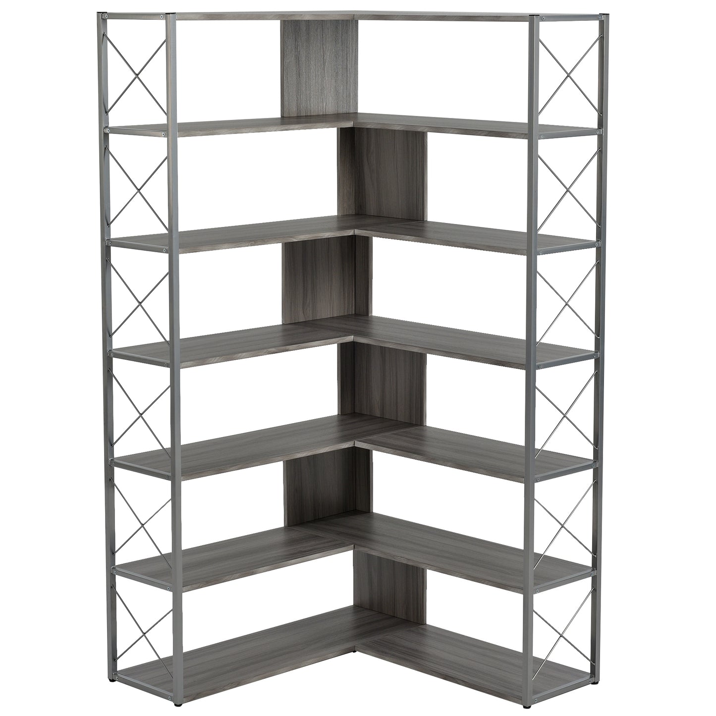 L-Shaped 7-Tier Corner Bookcase Industrial Style Metal Frame Open Storage Shelf MDF Board Home Office Furniture