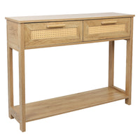 Console Table with 2 Drawers and Open Storage Shelf Narrow Accent Table Rattan Design for Living Room Entryway Hallway Natural Color