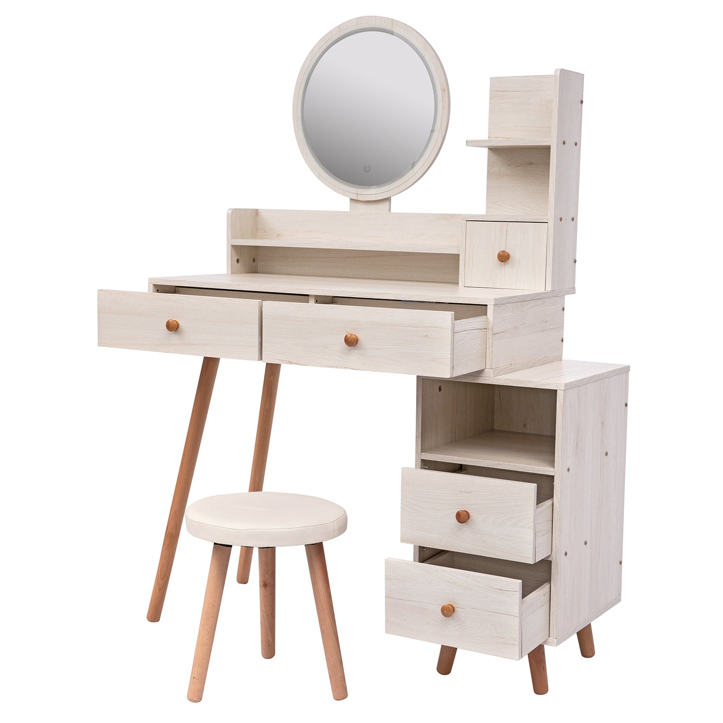 Stylish Vanity Table with Cushioned Stool Touch Control LED Mirror Large Storage Cabinet 5 Drawers Adjustable Length Makeup Furniture