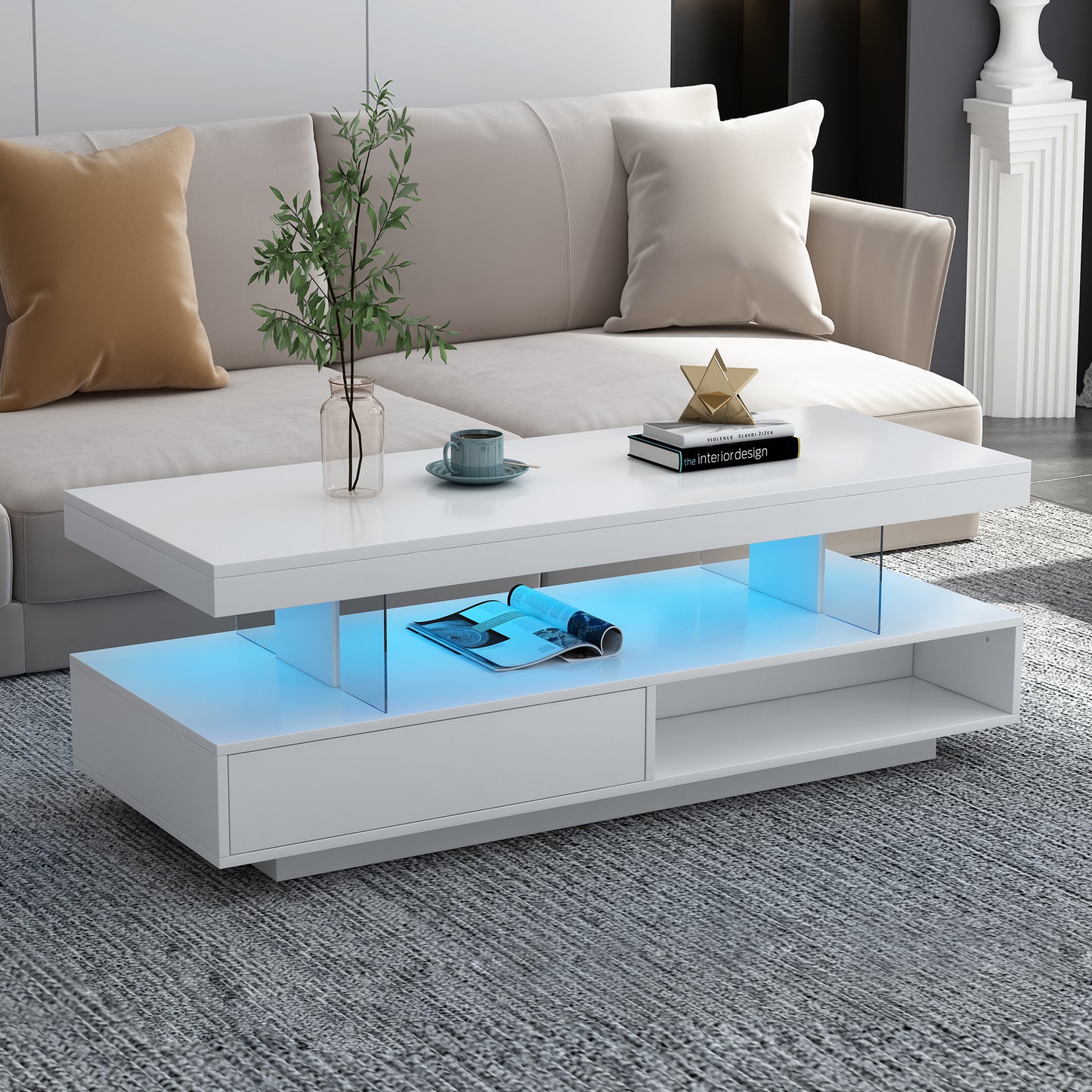 Modern LED Coffee Table with Storage and 2 Drawers, Accent Center Table with Display Shelves for Living Room, White