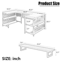 U Shaped Desk with Power Outlets LED Strip Monitor Stand L Shaped Desk with Storage Shelf Home Office Gaming Desk Vintage Style