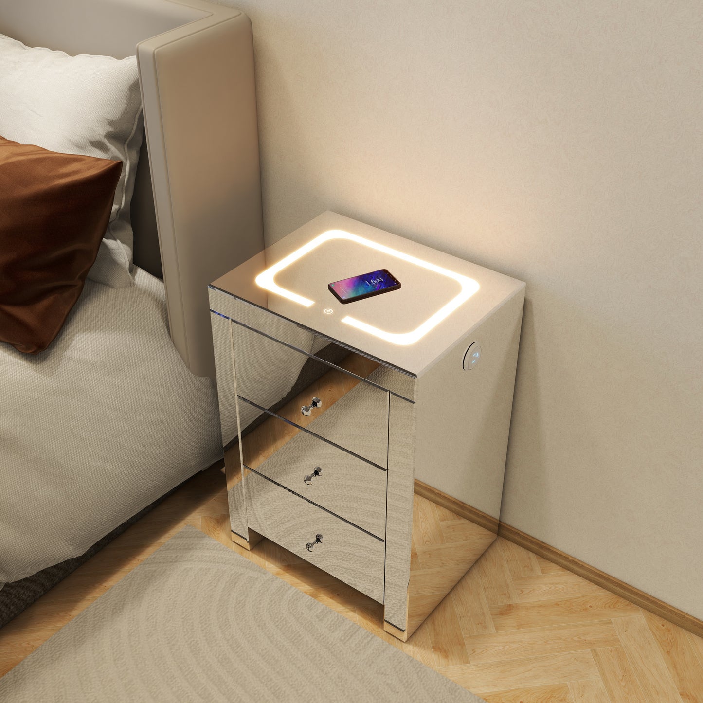 Silver Glass Nightstand with Wireless Charging and USB Ports Bedside Table for Living Room