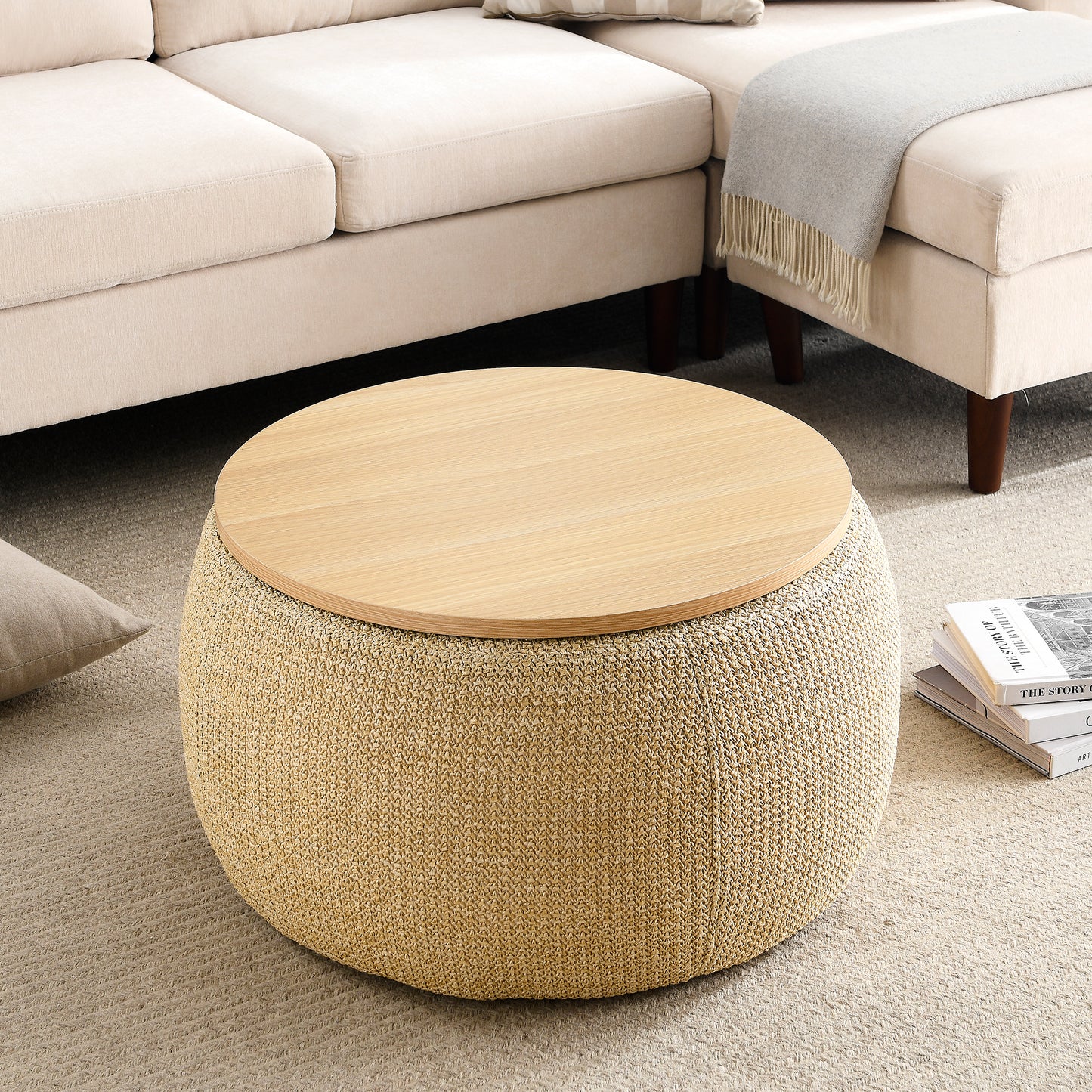 Round Storage Ottoman, 2 in 1 Function, Work as End table and Ottoman, Natural (25.5"x25.5"x14.5")