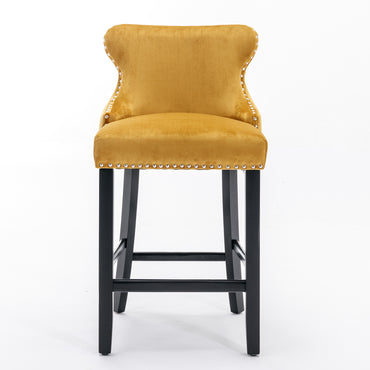 Gold Velvet Wing-Back Barstools with Button Tufting and Chrome Nailhead Trim Set of 2
