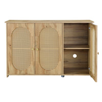 Retro 3-Door Accent Cabinet with Rattan Doors and Metal Handles Stylish Storage Solution for Living Room and Hallway Natural Wood Finish