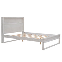 Full Size Platform Bed with Storage Headboard USB Ports and Sockets Antique White