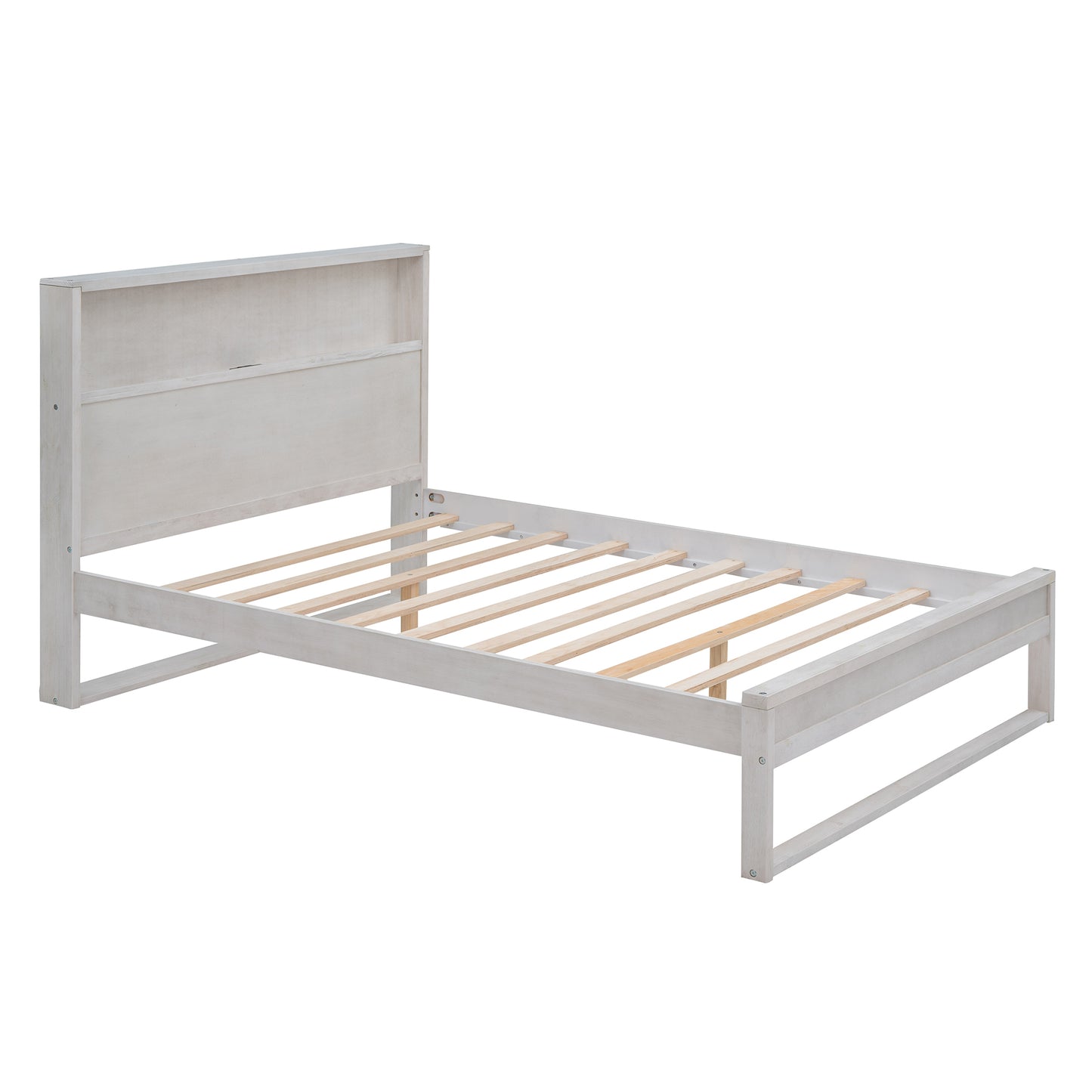 Full Size Platform Bed with Storage Headboard USB Ports and Sockets Antique White