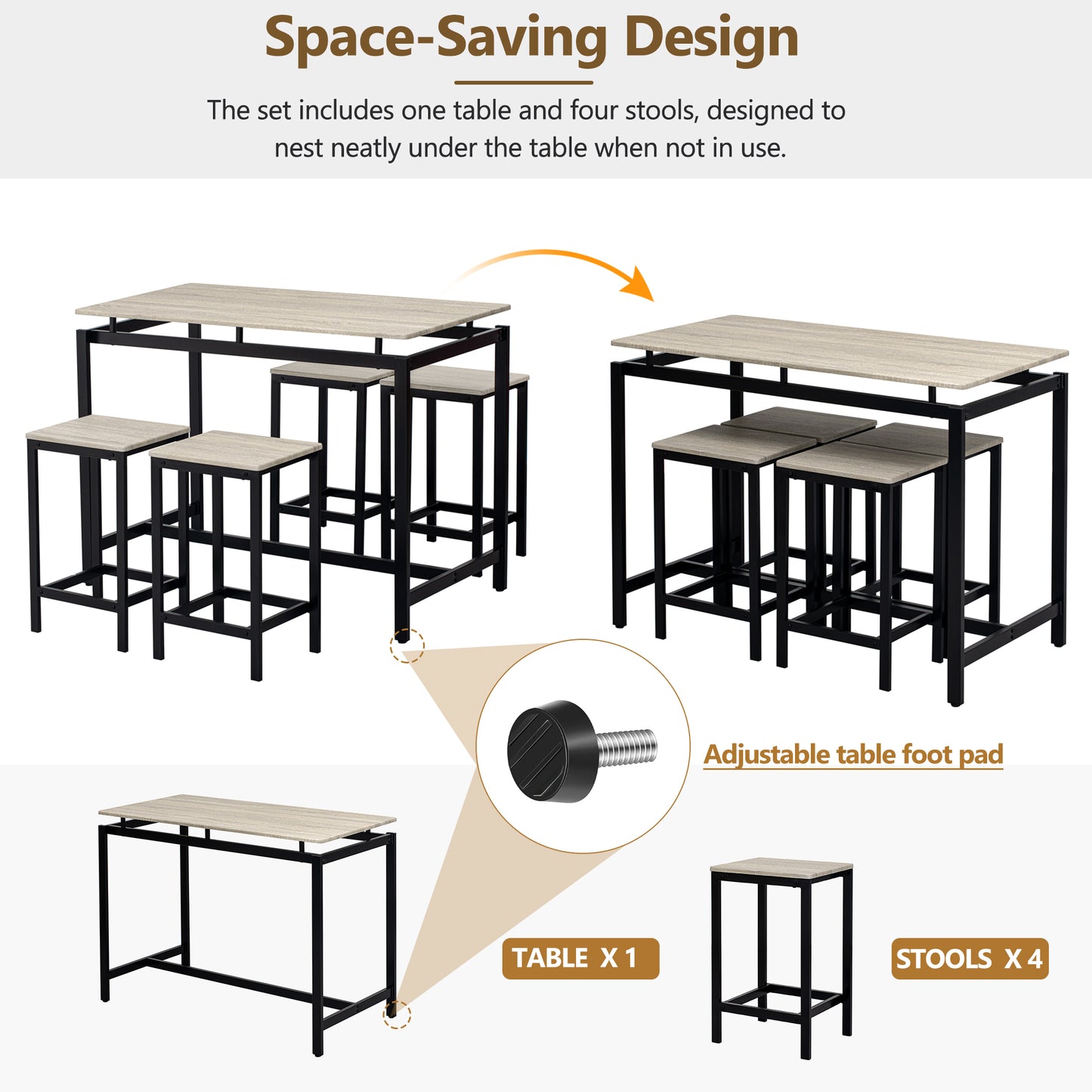 TREXM 5-Piece Compact Bar Table Set with Table and Stools - Modern Industrial Design, Space-Saving Furniture for Dining Room and Breakfast Nook (OAK)